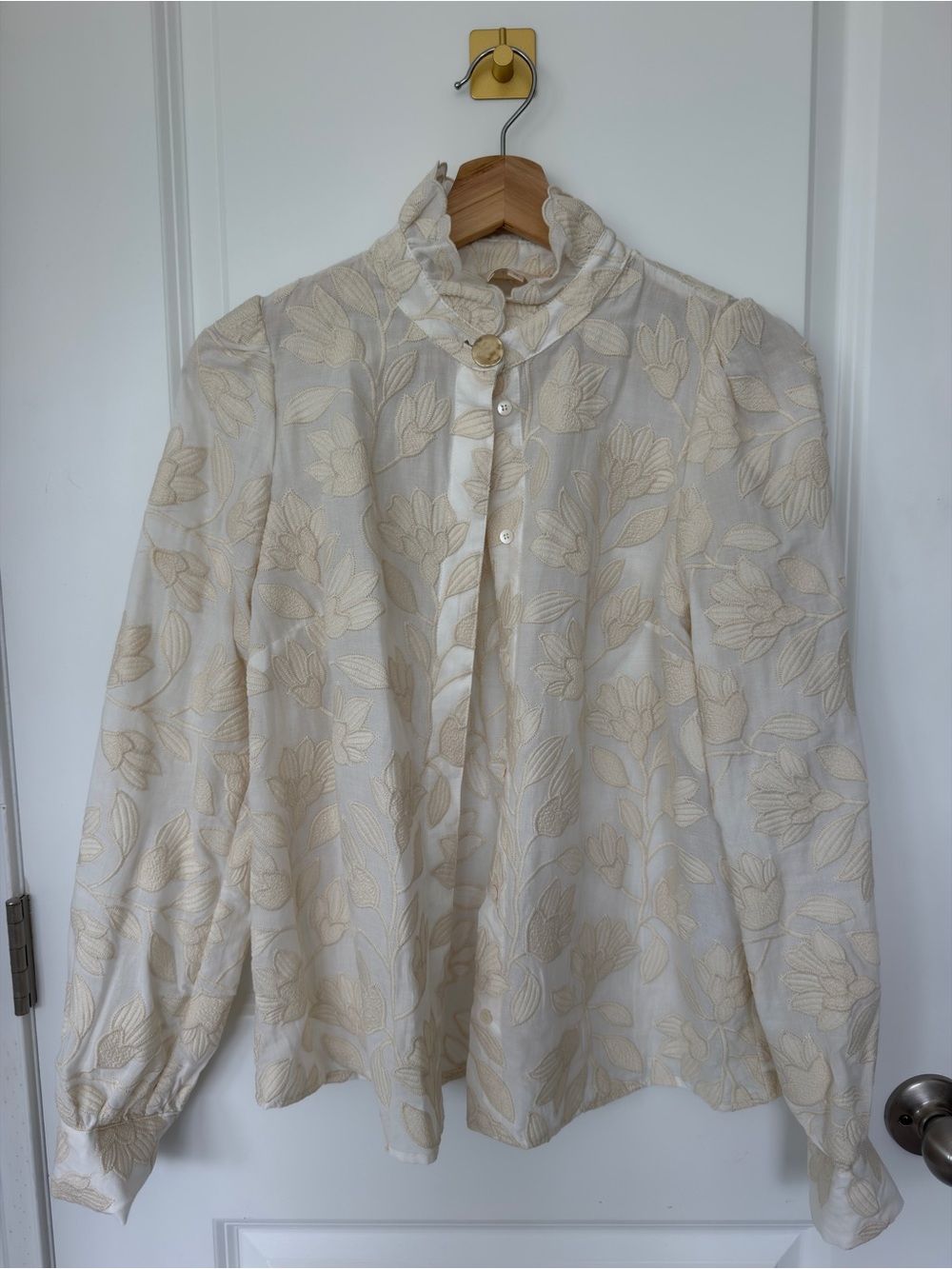 Sezane ambre shirt Cream Floral Jacquard Ruffle-Trim Button Front Blouse